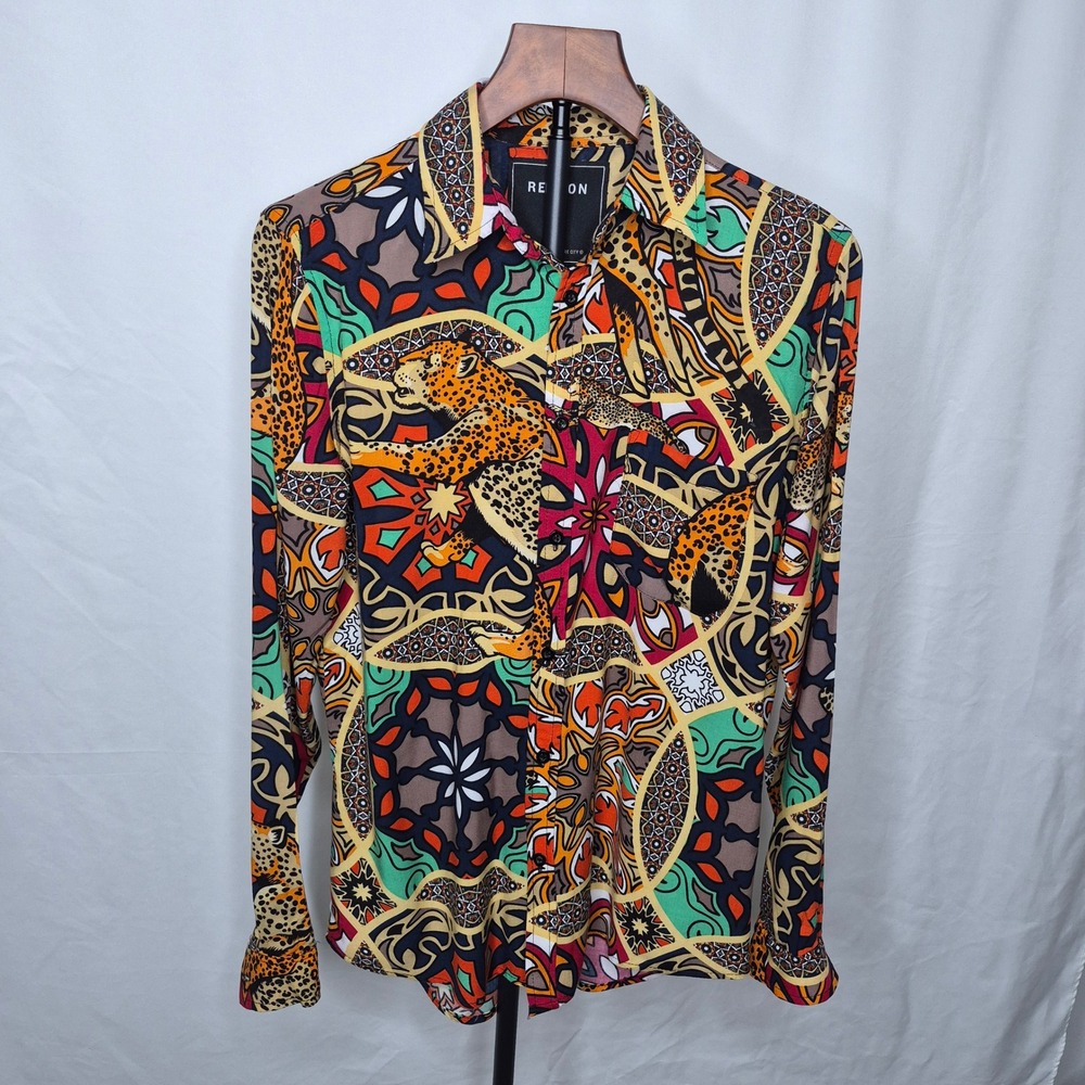 Reason NYC Leopard Baroque Print Button Up Shirt Maximalism Streetwear Small